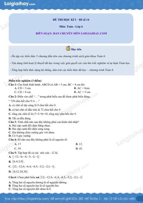 Đề thi học kì 1 Toán 6 - Đề số 14